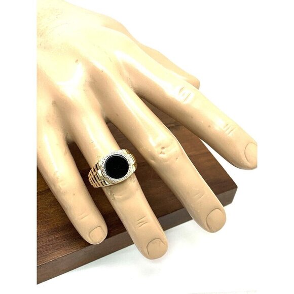 Rolex Style Ring 10k Yellow Gold Diamond Onyx Statement Cocktail Men's S… - Picture 5 of 14